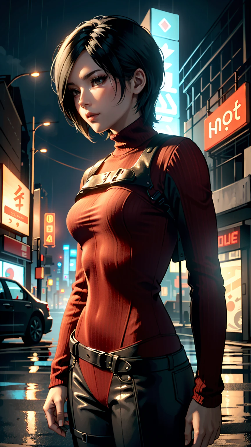 ((ultra detailed, masterpiece, best quality))
 RE4Ada, 1girl, solo, short hair, brown eyes, beneath the neon lights of a cyberpunk city, in a futuristic bodysuit, on a rain-soaked street