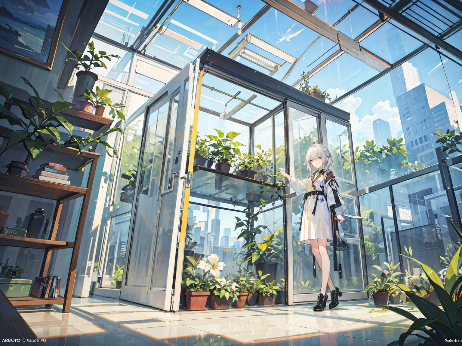 masterpiece, 4K, 8K, Super Hire, Extremely detailed，Scene illustration，Background Image，Inside the glass house，greenhouse，Botanical Gardens，Lots of plants，There are multiple glass fish tanks hanging from the ceiling in the scene，Light comes in from the upper left of the picture，megastructure，Dry the ground，Full body portrait，Liquid flowing in the air，detail，modern style,There is light streaming in the picture，Head-up view，Bright tones，Background，Daily leisure，Excellent light and shadow, illusory, high resolution, Extremely detailed, Best quality, 超high resolution, Visually stunning, Award-winning art, Best quality, Bright tones，Clear eye portrayal