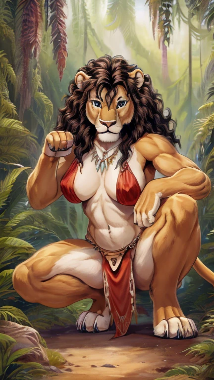 (1girl, lion, cavewoman),(master part), (best quality), (ultra detail), (best illustration),(Tsukasa Hojo style), cowboy shot, Paw pose, show Paws show claws, (Sharp eyeliner, ombre, detailed eyes:1), Jungle Of Another world, digital art, break , upper body, crouching, Sharp claws, loincloth,dark hair, wavy hair, long hair,bone necklace,