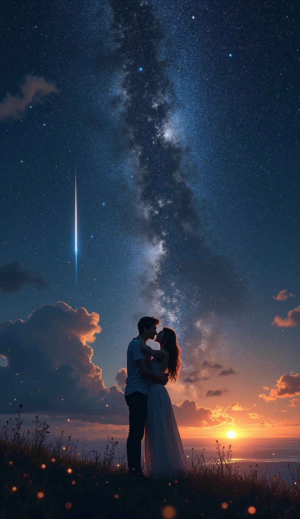 A realistic and emotionally charged illustration of two souls connected across a vast cosmic expanse. The scene is set in a serene, starry night sky, with galaxies and nebulae swirling in the background. In the foreground, a person stands on the edge of a cliff, gazing longingly at the horizon where the sun is setting. The fading sun symbolizes the sorrow of separation.
Above the cliff, a faint, ethereal figure, representing a lost love, reaches out from the stars, their form illuminated by the soft glow of distant celestial bodies. The two figures are connected by a glowing thread of light that spans the distance between them, symbolizing their eternal bond that transcends time and space. The expression on the person's face is a mix of sorrow and hope, capturing the belief in a reunion beyond this dimension.
In the sky, constellations form the shape of a heart, and shooting stars trace a path between them, adding a touch of magic to the scene. The overall mood is one of bittersweet beauty, blending elements of realism with a dreamlike, otherworldly atmosphere.
The typography is subtle, with the words "And I see you there" integrated into the starlit sky, almost as if written by the stars themselves.