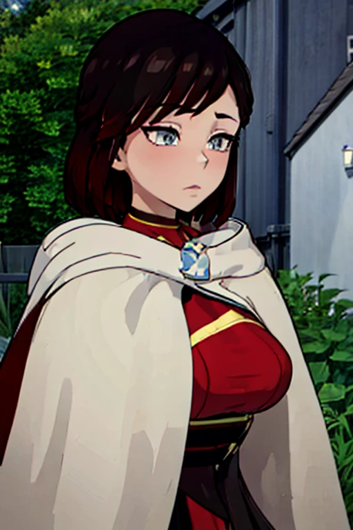 srwby, short hair, black hair, red hair,, white cape,gradient hair, grey eyes, outdoor 