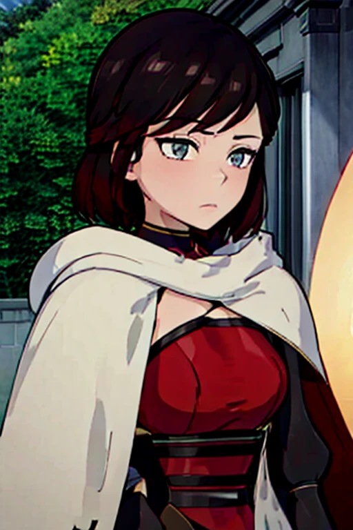 srwby, short hair, black hair, red hair,, white cape,gradient hair, grey eyes, outdoor 