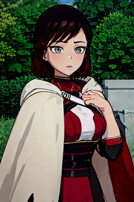 srwby, short hair, black hair, red hair,, white cape,gradient hair, grey eyes, outdoor 