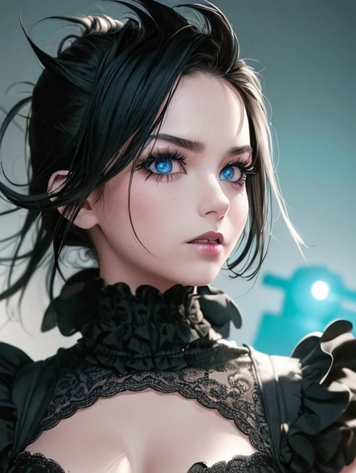 Pretty woman looking at viewer stunning blue eyes white skin eyeliner , gothic makeup thick and voluminous lips, lipstick negro, big tits and voluptuous, Image 1.2 high resolution 12k NSFW