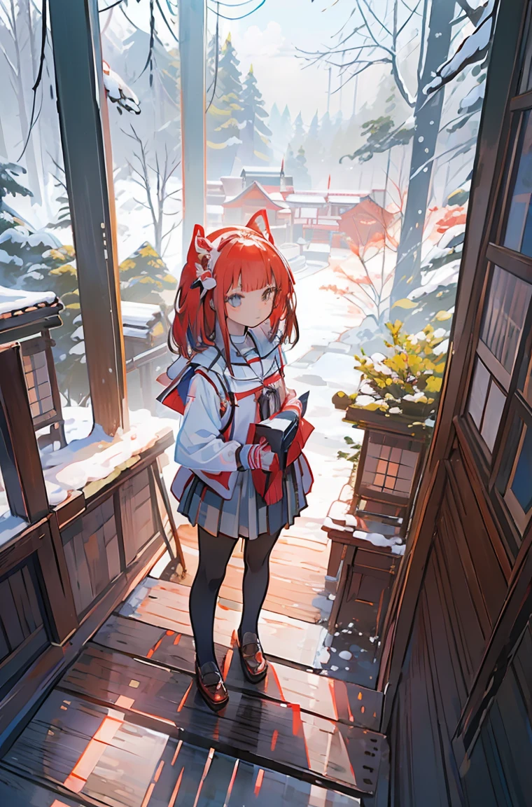 High resolution, (masterpiece:1.4), Very detailed, One ,winter,snow,Japan,See-through school uniform,Standing quietly,Toddler with a waiting list(),Makima-chan、Red Hair, View from above, 