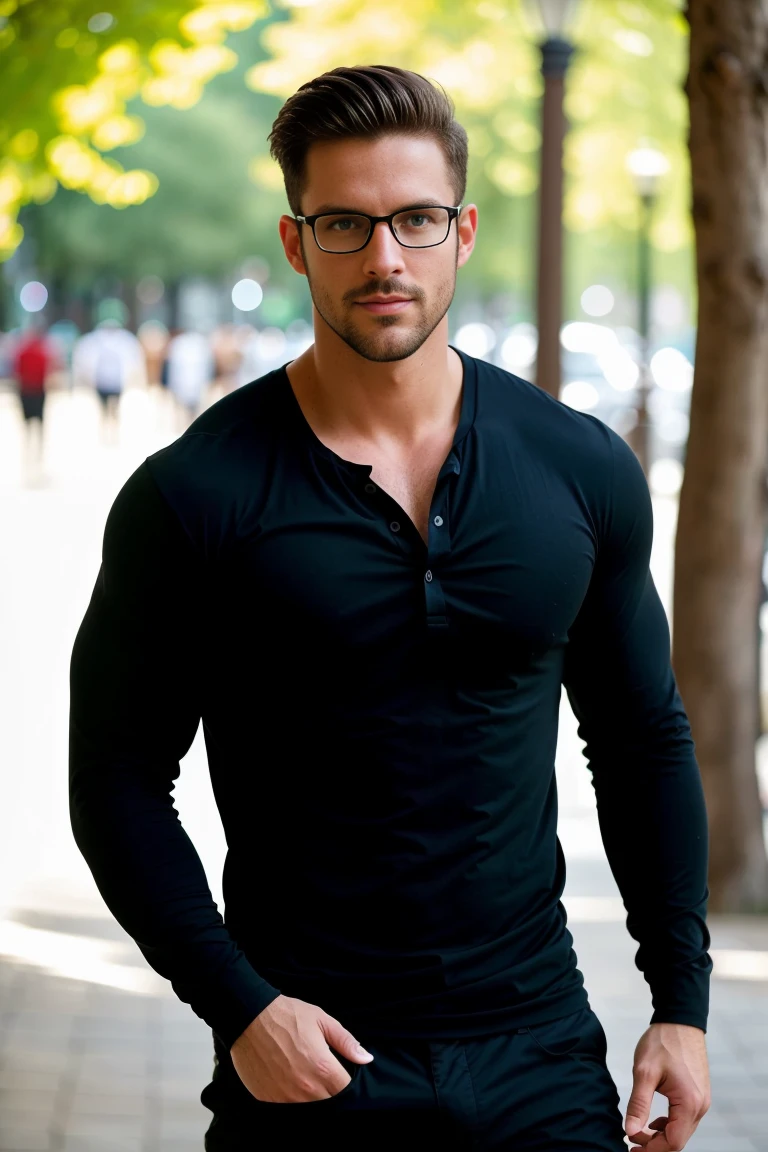 1man, A full body shot of a charismatic male fitness model, 30 years old，small beard, Sexy and charming expression，gloomy eyes，Blue eyes, captured walking in a Barcelona park, wearing a tight-fitting and unbuttoned black long-sleeved shirt, black suit pants and round-rimmed glasses, soft natural lighting, cinematic and moody, (best quality,4k,8k,highres,masterpiece:1.2),ultra-detailed,(realistic,photorealistic,photo-realistic:1.37),HDR,studio lighting,professional,vivid colors,dramatic lighting