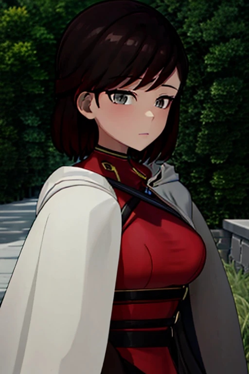 srwby, short hair, black hair, red hair,, white cape,gradient hair, grey eyes, outdoor 