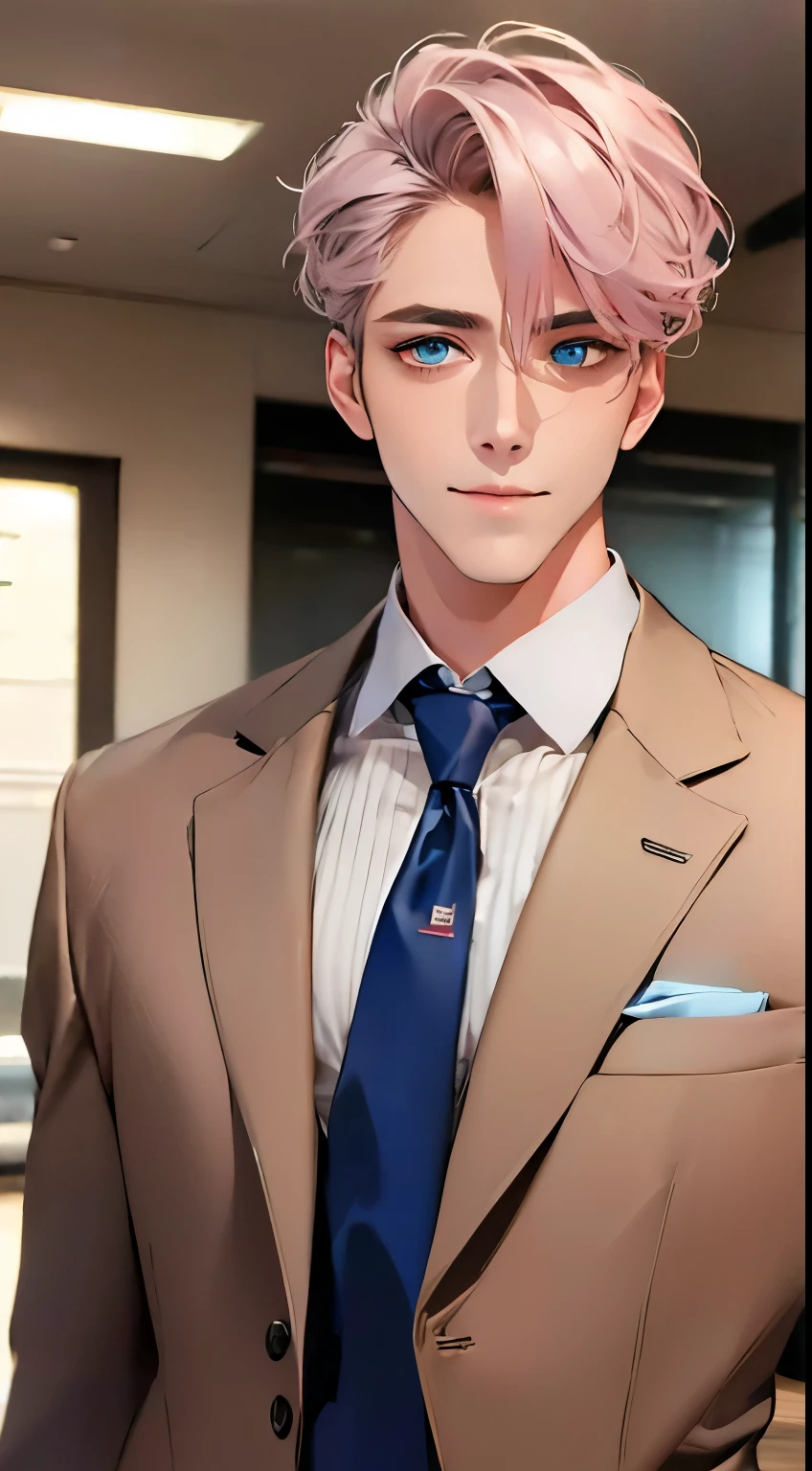 (Highest quality,4K,8K,High resolution,masterpiece:1.2),Super detailed,(Realistic,photoRealistic,photo-Realistic:1.37),1 personld,Mature Men,Beautiful skin、very handsome,Expressionless,smile,Short gray pink hair,blue eyes,Sharp Eyes,A perfect face without a doubt,Businessman,Office Background,Cinema Lighting,HDR image,tie、