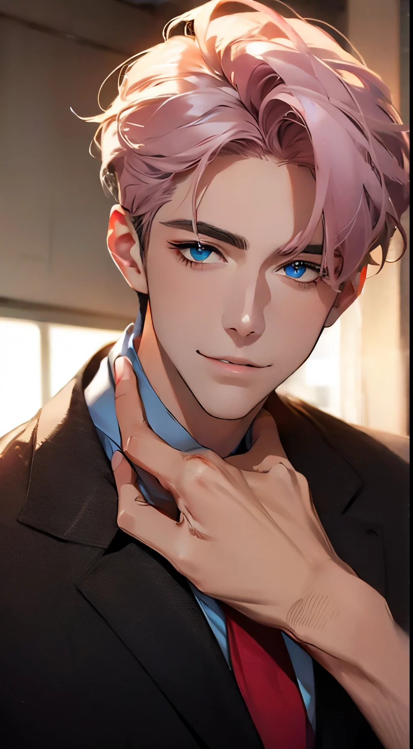 (Highest quality,4K,8K,High resolution,masterpiece:1.2),Super detailed,(Realistic,photoRealistic,photo-Realistic:1.37),1 personld,Mature Men,Beautiful skin、very handsome,Expressionless,smile,Short gray pink hair,blue eyes,Sharp Eyes,A perfect face without a doubt,Businessman,Office Background,Cinema Lighting,HDR image,tie、