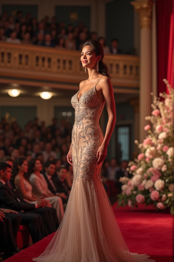 Miss universe, ivory long kebaya brookat dress, at midd universe stage, wear crown, elegant, beautiful, slim, don't smile. Sharp eyes, cool.