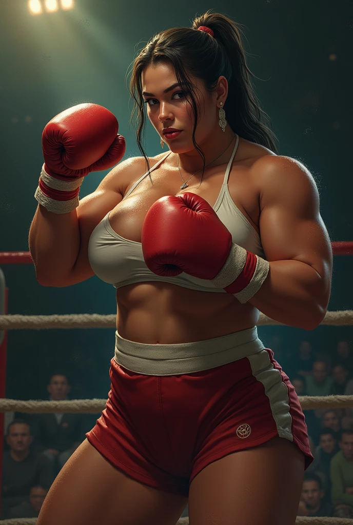 Highly detailed CG Unity 8k wallpaper, masterpiece, realistic, (1girl), (A beautiful 30 year old British white woman Emily Blunt with high bun hairstyle, she is kneeling with her arms down with a exhausted expression with mouth open, wearing thin black micro-thong, fighting gloves), ((topless:1.2, perfect breasts, dripping with sweat: 1.2, sweaty wet body: 1.2, nipples, NSFW)), (female fitness model body, ripped abs), (private boxing ring:1.1), (full body)