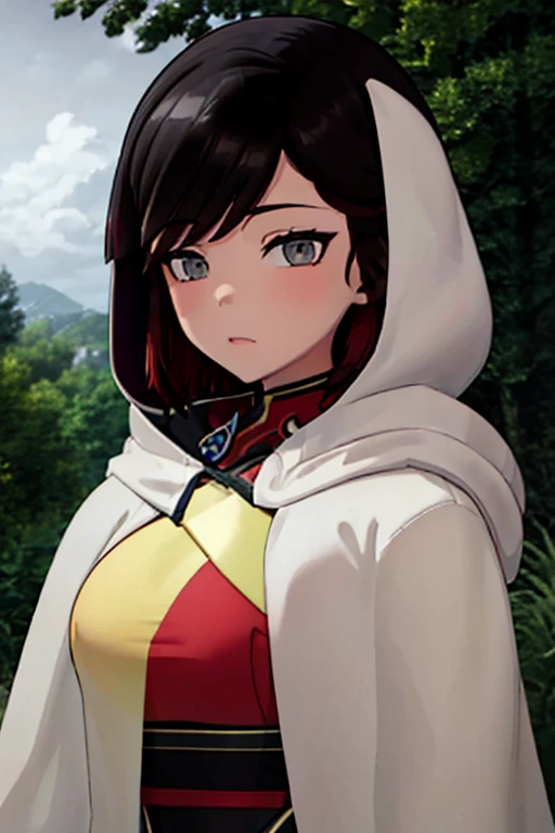 srwby, short hair, black hair, red hair,, white cape,gradient hair, grey eyes, hood up, shadow eyes. outdoor 