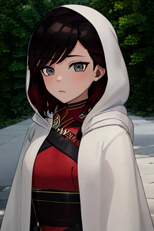 srwby, short hair, black hair, red hair,, white cape,gradient hair, grey eyes, hood up, shadow eyes. outdoor 