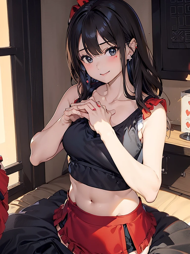 (top-quality、in 8K、32K、masterpiece、nffsw:1.2)、1girl in、beautiful japanese female、big breasts thin waist、(Beautiful nape)、((up hairstyle))、(Camisole-wearing、hotpants)、20yr old、In a room with the morning sun shining in、(In the biting pose:1.2)、(smil:1.5)、