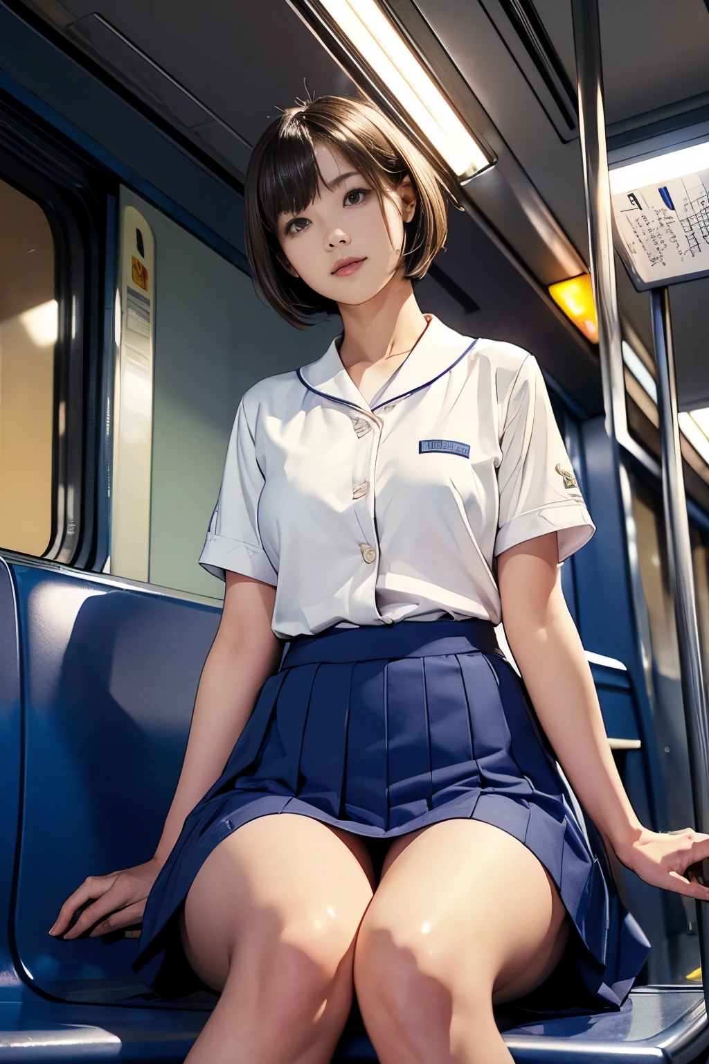 arafed asian woman in a school uniform sitting on a train, cute schoolgirl, a hyperrealistic schoolgirl, sat down in train aile, hyperrealistic schoolgirl, realistic young gravure idol, japanese girl school uniform, wearing japanese school uniform, japanese school uniform, realistic schoolgirl, young gravure idol, girl wearing uniform