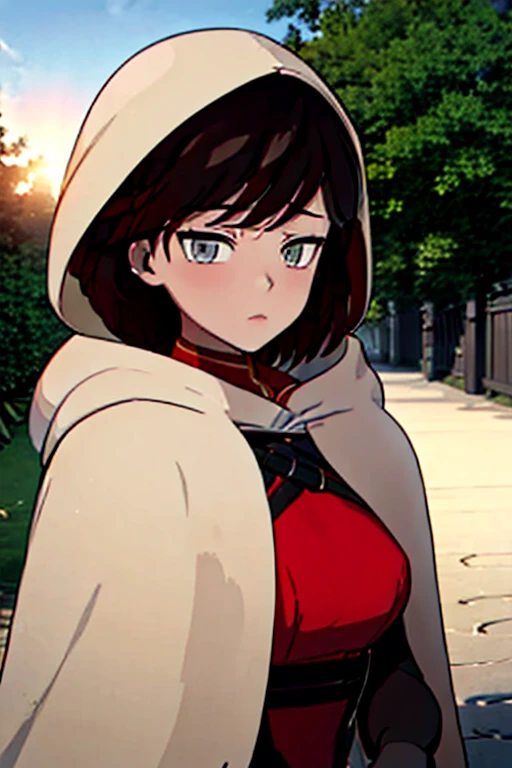 srwby, short hair, black hair, red hair,, white cape,gradient hair, grey eyes, hood up, shadow eyes. outdoor 