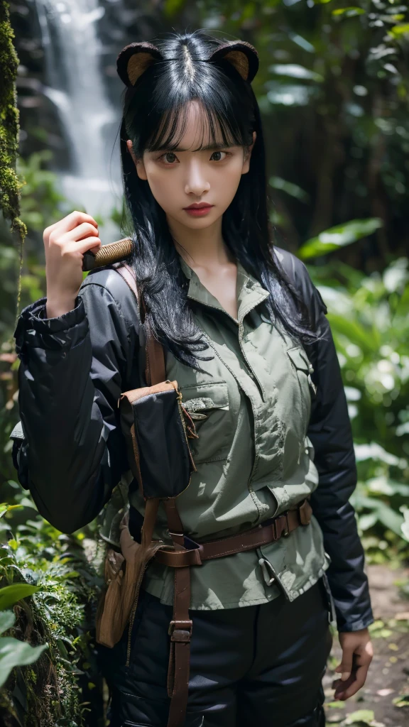 black hair, long sleeve parka, holding dagger, holding bow, cargo pants, serious face, cloth gloves, torn clothes, jungle, bear, extremely detailed eyes, extremely detailed face, best quality, extremely detailed, one person, one girl, ultra-detailed, (realistic, photo-realistic:1.3)