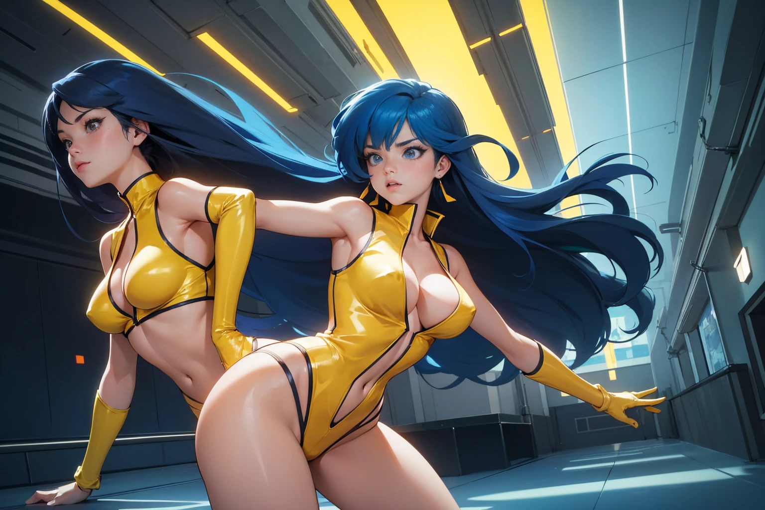 (best quality:1.2,highres,ultra-detailed), detailed face and body of Yuri from The Dirty Pair, stunning Asian beauty, expressive brown eyes, luscious lips, long flowing blue hair, (skimpy yellow outfit), (revealing cleavage), confident and sexy pose, (cyberpunk-inspired city background), neon lights illuminating the scene, vibrant colors, (futuristic and edgy atmosphere), stylish and sleek architecture, dynamic angles and composition, (sci-fi and anime fusion), perfect beauty 