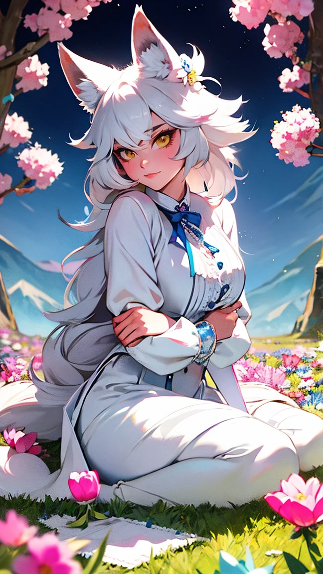 (masterpiece), best quality, expressive eyes, perfect face illustration with dull and dark colors and blue werewolf woman , Wolf ears and tail, woman girl sitting and next to her a white wolf in a field of flowers cold and opaque pastel colors light full body warm and dark colors, surrounded by flowers, Full body cute pose dressed in a simple ****ta outfit, lobo blanco chica con pelo blanco y Wolf ears and tail,lower style,Limited palette,xdx style