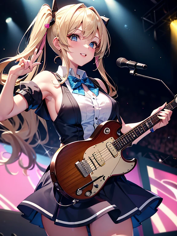 Adult, Perfect Female Figure, Small Breasts, Kaori Miyazono peeing herself, peeing, peeing self, very desperate to pee, holding a guitar on stage, full face blush, sad, crying, flustered, pubic hair, white panties, white stockings wet, peeing, peeing self, peeing, peeing self, pee puddle, puddle of her own urine is forming around her feet, standing on stage, cinematic lighting, anime still HD