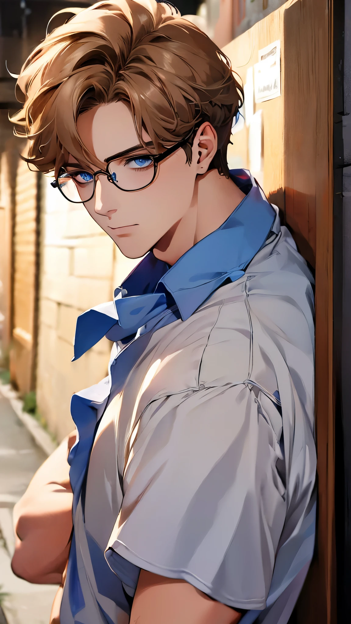 masterpiece, Highest quality, 1 male, Brunette Hair,34 years, blue eyes, Glasses, White shirt, Mugshot, Wall Background, Detailed eyes, Detailed facial features, リアルでHigh resolution (Highest quality, 4K, 8k, High resolution, masterpiece:1.2)