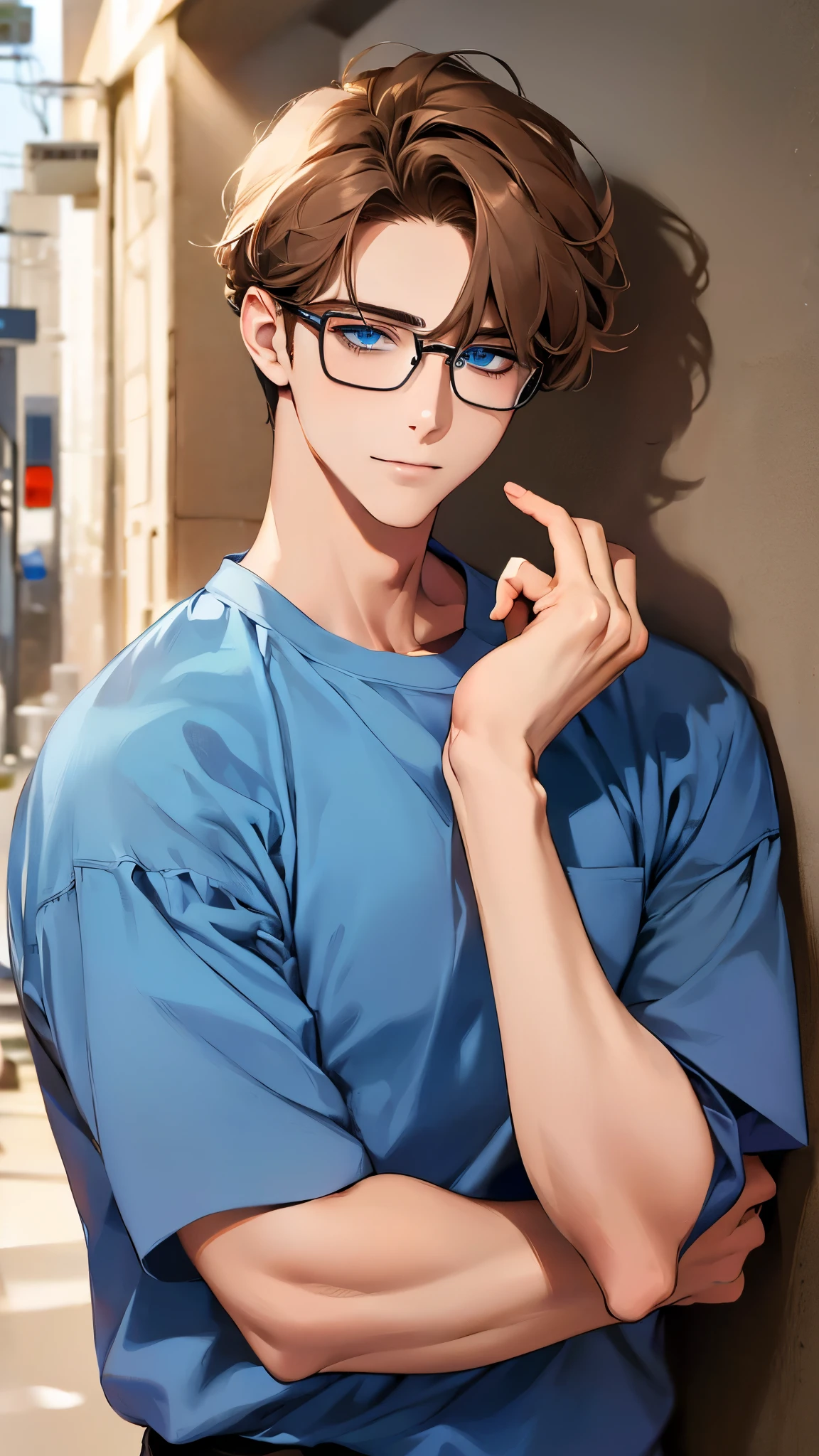 masterpiece, Highest quality, 1 male, Brunette Hair,34 years, blue eyes, Glasses, White shirt, Mugshot, Wall Background, Detailed eyes, Detailed facial features, リアルでHigh resolution (Highest quality, 4K, 8k, High resolution, masterpiece:1.2)