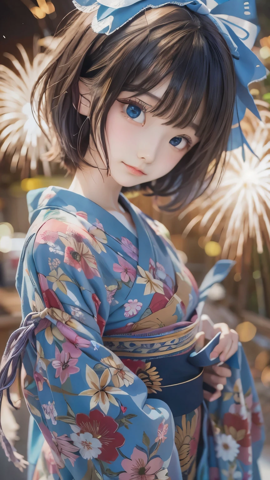 ((masterpiece, Highest quality, Super Definition, High definition)), alone, beautiful girl, Shining Eyes, Perfect Eyes, , Blue Theme, Yukata, firework