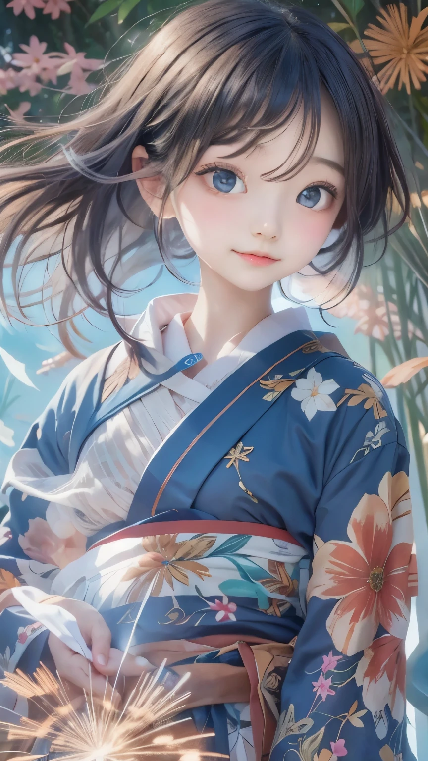 ((masterpiece, Highest quality, Super Definition, High definition)), alone, beautiful girl, Shining Eyes, Perfect Eyes, , Blue Theme, Yukata, firework