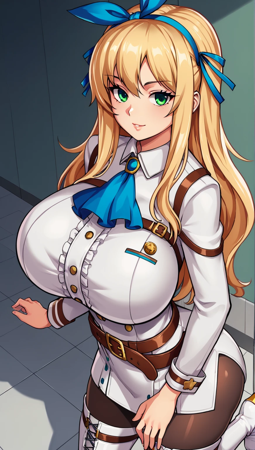 1girl, breasts, elie macdowell, long hair, blonde hair, green eyes,hairband, blue ascot, hair ribbon, long sleeves, belt, pantyhose, white boots, 1girl, medium breasts, elie macdowell, long hair, blonde hair, green eyes,hairband, blue ascot, hair ribbon, long sleeves, belt, pantyhose, white boots,  Anatomically Correct, a perfect body sexy beautiful girl with huge breast and huge ass (Thick thighs:1.5)(Large breast:1.5)