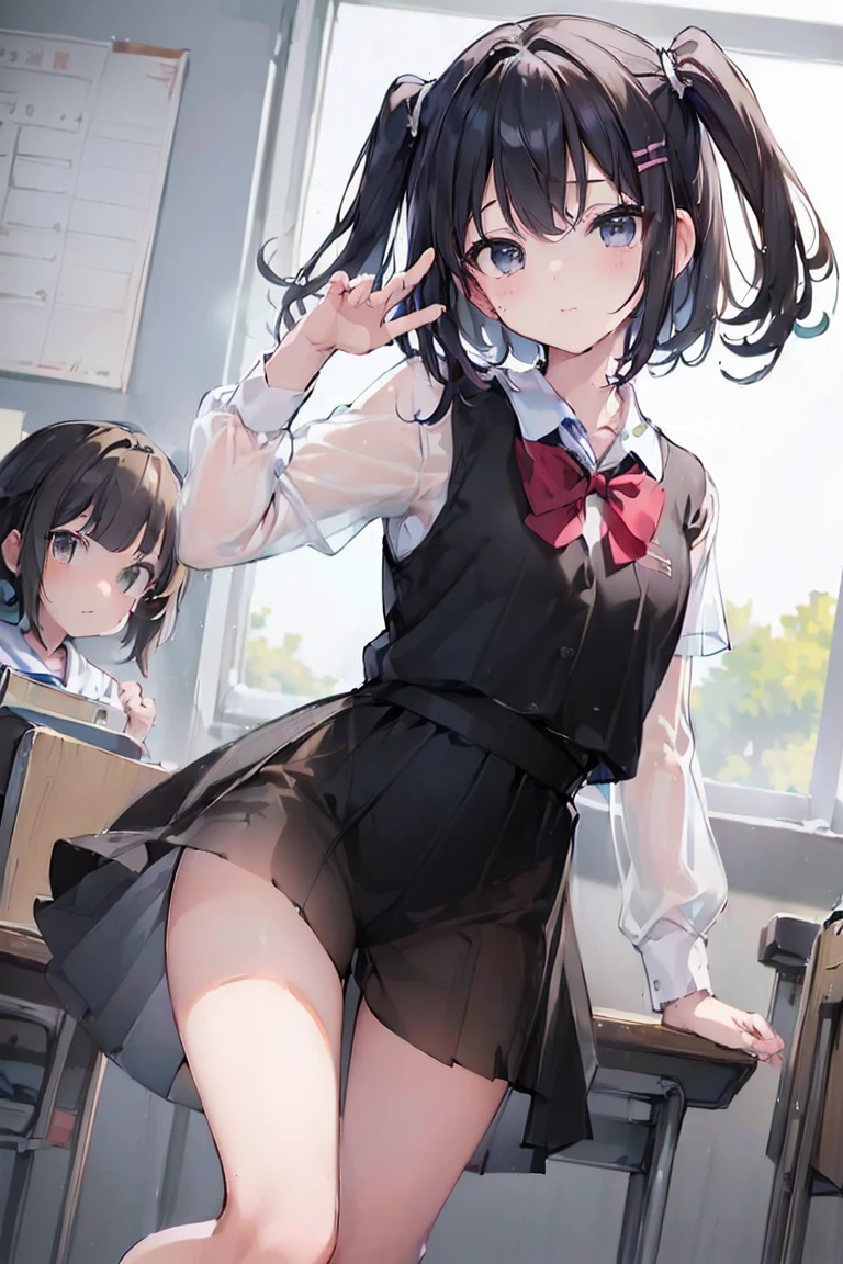 (Best Quality,masterpiece:1.3),Absurd,High resolution, ((2 young children),,***,See-through student uniform,Hairstyle(Two Side Up)、Shota,Panty shot、 whole body, School,classroom,It&#39;s snowing outside, Skirt and Chirarizum, Tops, Standing, Embarrassing, Wide Shot, barefoot