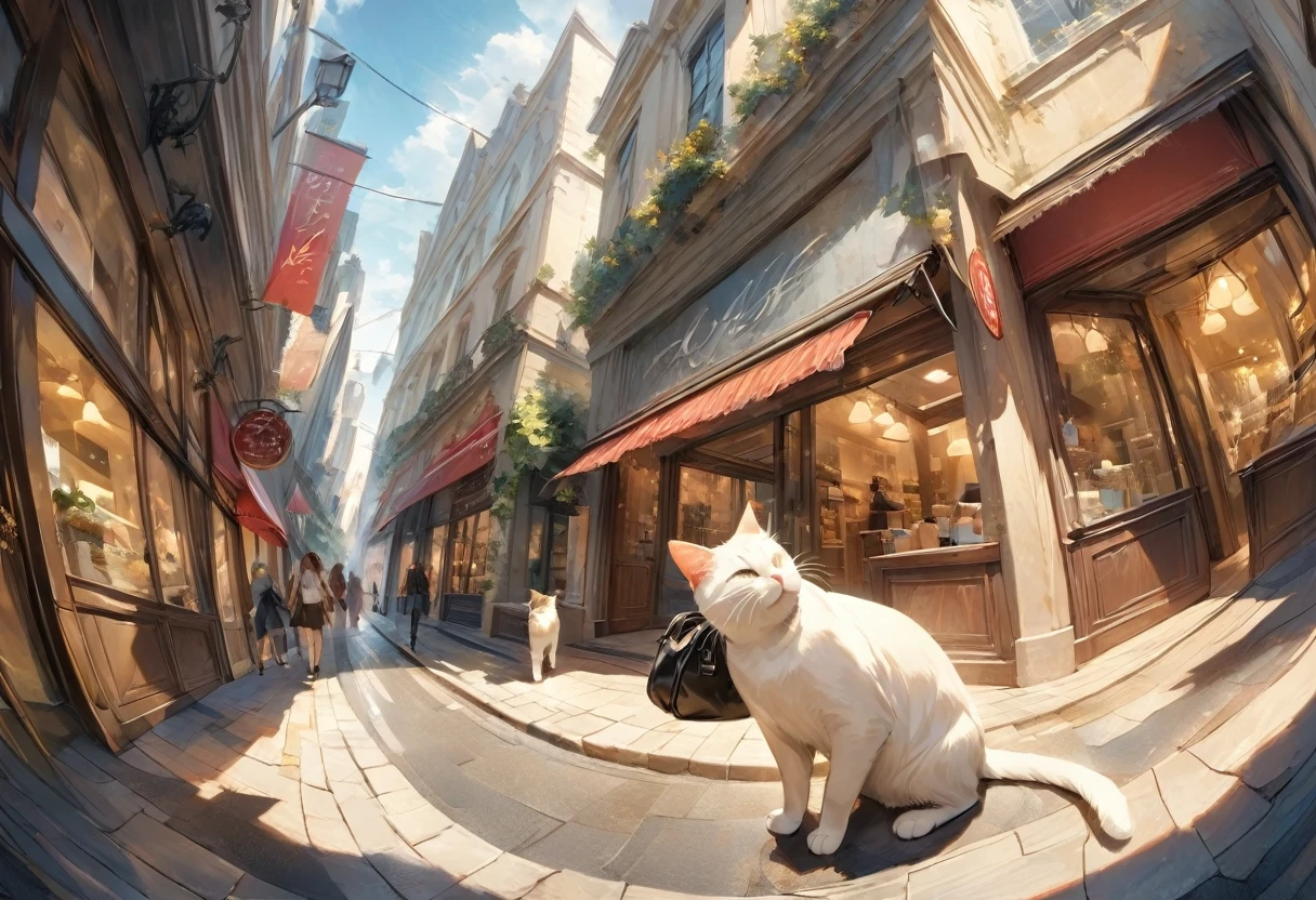 ((Top Quality)), ((Masterpiece)), (Detailed), 8k, A woman and her cats are walking through an upscale shopping street. The woman is wearing high heels and carrying a designer bag, and the cats are looking inside the bag and following her around at her feet. The woman stops in front of a shop window and smiles at the cats. In the background, there is an atmosphere of fashion shops and cafes. , conceptual art, jpeg artifacts, first person perspective, cats up close, ultra high resolution, anatomically correct, attention to detail, super detailed