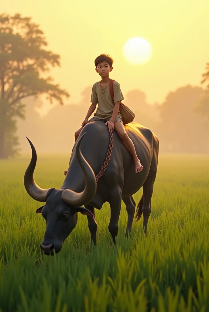 A semi naked Indian little boy playing flute riding a buffalo and going through vegetation and farm field, high definition, high details, digital oil painting like, medium brush strokes, contrast,, Indian landscape