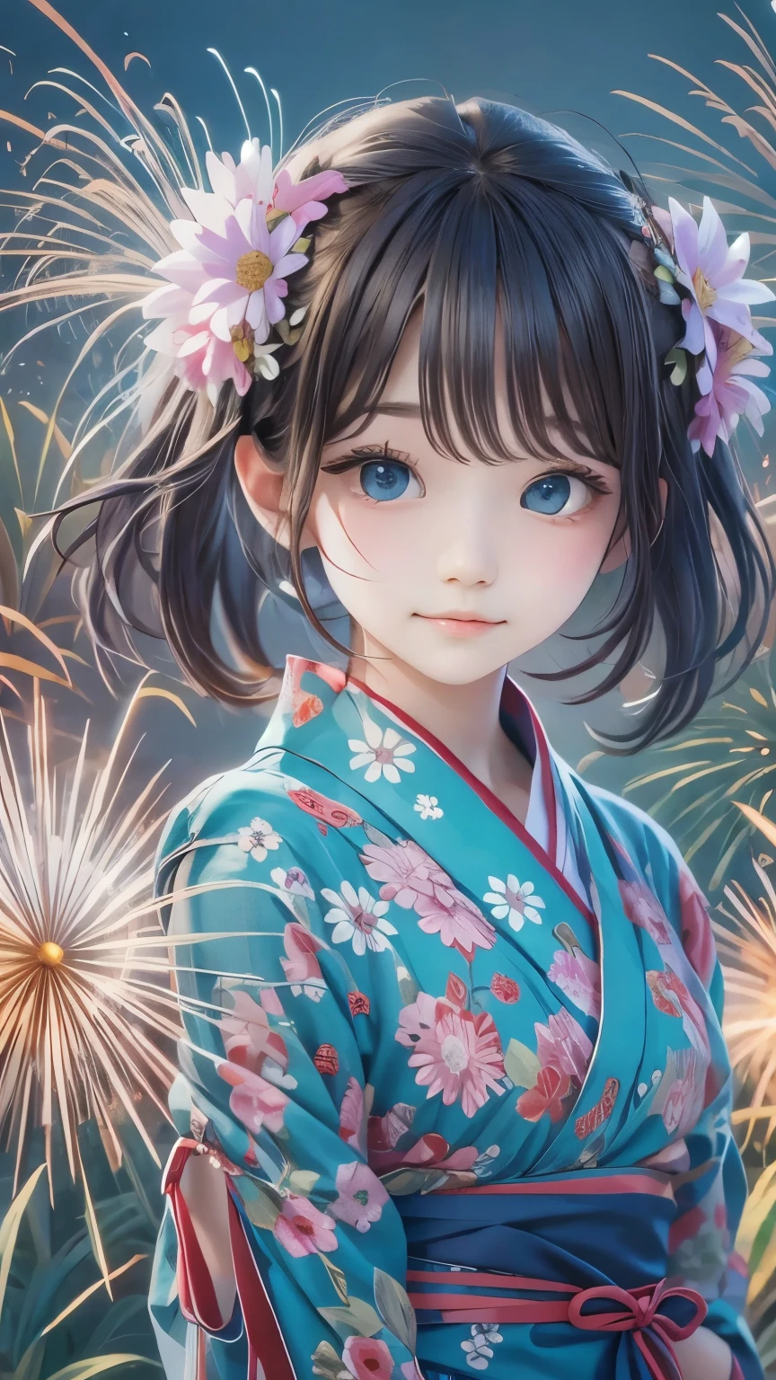 ((masterpiece, Highest quality, Super Definition, High definition)), alone, beautiful girl, Shining Eyes, Perfect Eyes, , Blue Theme, Yukata, firework