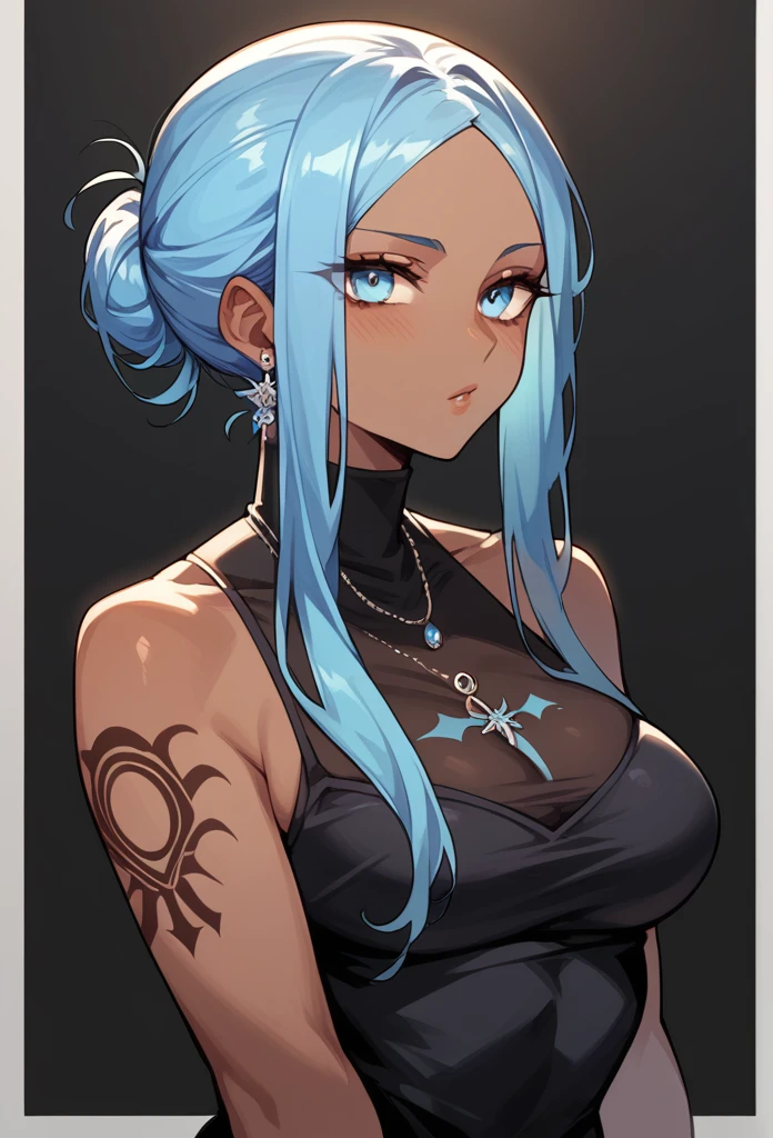 Dark skinned woman, long blue hair, Black dress , tattoos, blue eyes,