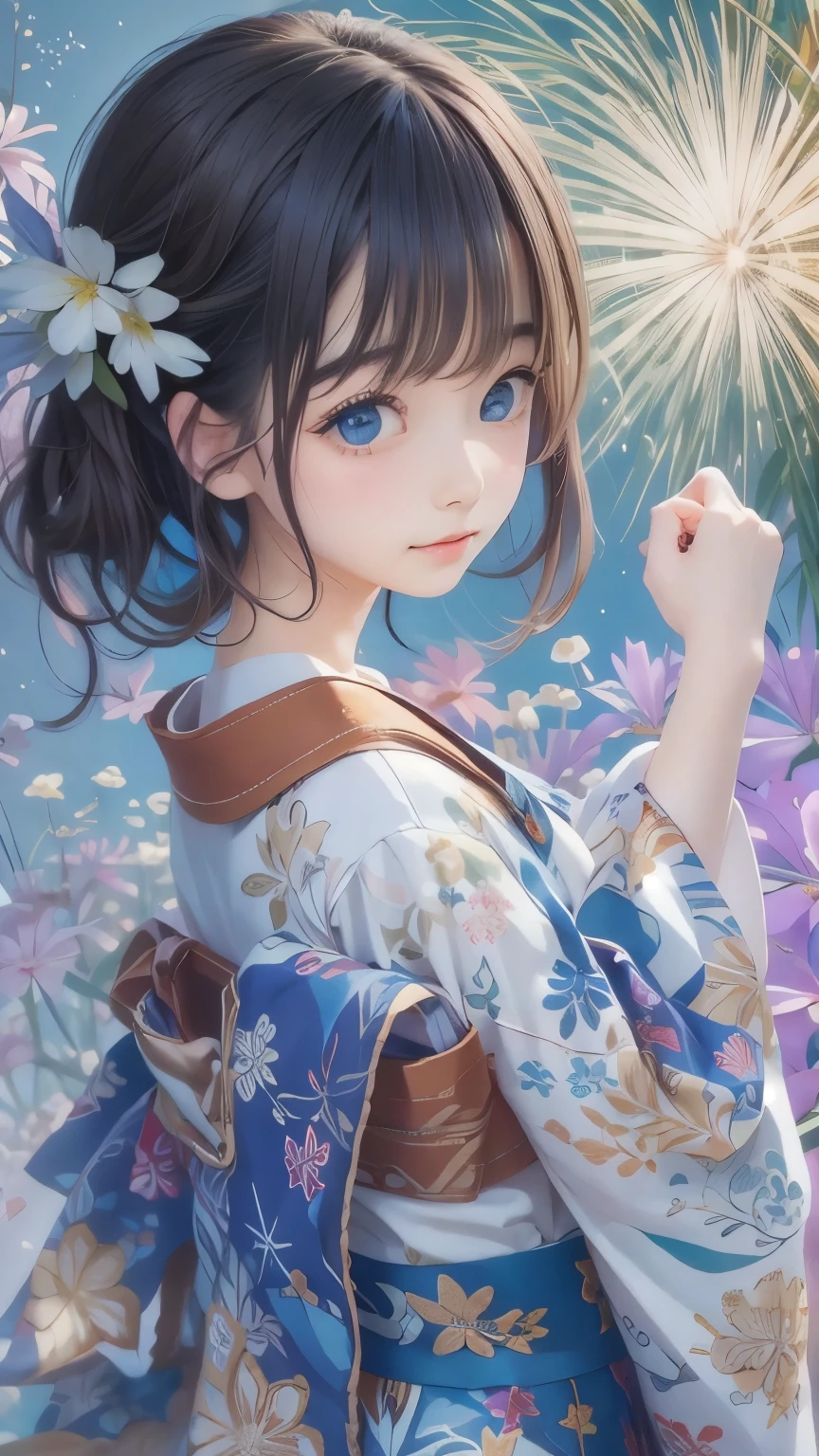 ((masterpiece, Highest quality, Super Definition, High definition)), alone, beautiful girl, Shining Eyes, Perfect Eyes, , Blue Theme, Yukata, firework