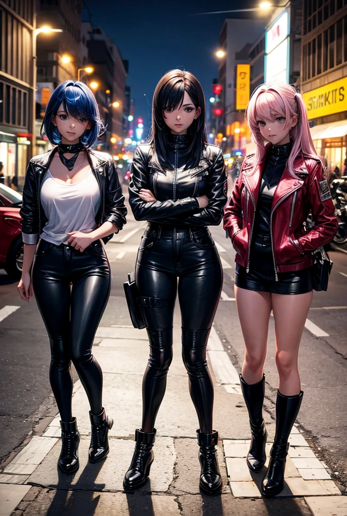 (((Masterpiece)))))), ((highest quality)))))), (8KUHD))))), (Ultra High Definition))))), (Japan Woman), (Beauty))))), 18 years old, (((Boyish)))))), (3girls)))))), (Erotic))))), (Super tall)), (Super big breasts))))), looking at the camera, ( (Full body))))), ((All light blue)))))), ((Light blue hair))))), (Short cut)))))), (Riders jacket)))), (Leather pants)))))), (Leather boots))))), (Natural light)