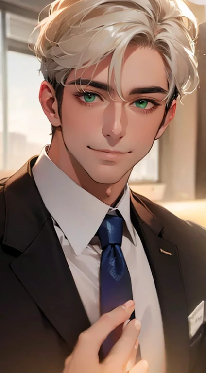 (Highest quality,4K,8K,High resolution,masterpiece:1.2),Super detailed,(Realistic,photoRealistic,photo-Realistic:1.37),1 personld,Mature Men,Beautiful skin、very handsome,Expressionless smile in love,Short white hair,green eyes,Sharp Eyes,A perfect face without a doubt,Businessman, CEO, Office Background,Cinema Lighting,HDR image,tie、