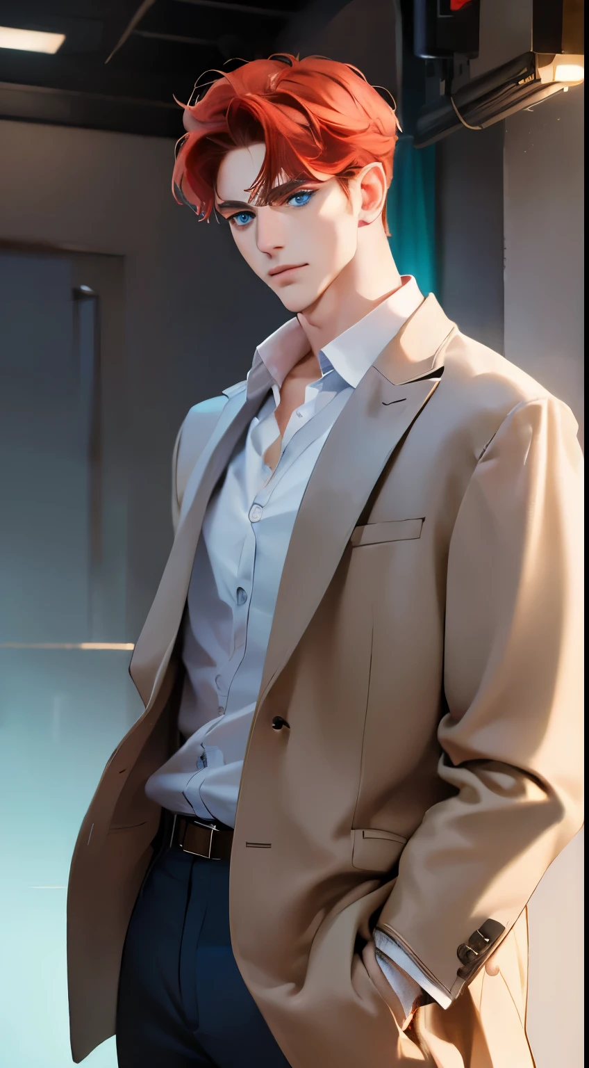 (best quality, masterpiece, 8K, photorealistic, cinematic lighting, 1:4 hdr image, ultra detailed, beautiful image), a mature man, 34 years very handsome, ((cold expression)), short red hair, blue eyes, face perfect without mistakes, ((buttoning his jacket, CEO))