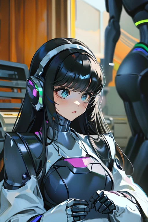 (masterpiece),(Highest quality),(Super detailed),(Best illustrations),(Best Shadow),(Absurd),(Detailed Background),(so beautiful), 16K, 8K, 4K,(Best Shadow),robotization,woman ,big bust,Robot Joint ,Metal skin,Black robot Suit,long hair,a black robot suit that covers the whole body,robot hand,cyber bodysuit,mecha head,robotization, transforming into robot,(Detailed hands and fingers:1.2)