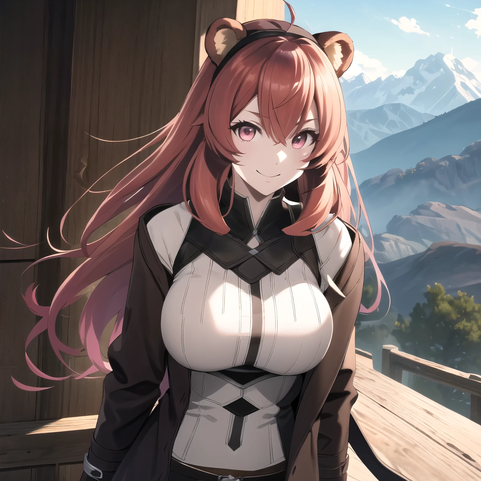 raphtalia .bear ears  , by the ruby, smile,  big breasts. Pink eyes, leather clothing neckline,, long brown coat,  in the background some mountains.