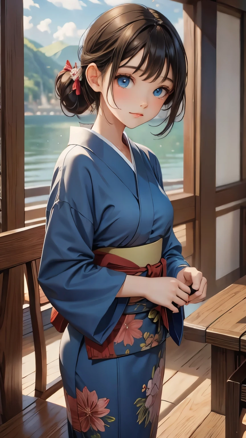 ((masterpiece, Highest quality, Super Definition, High definition)), alone, beautiful girl, Shining Eyes, Perfect Eyes, , Blue Theme, Yukata, firework