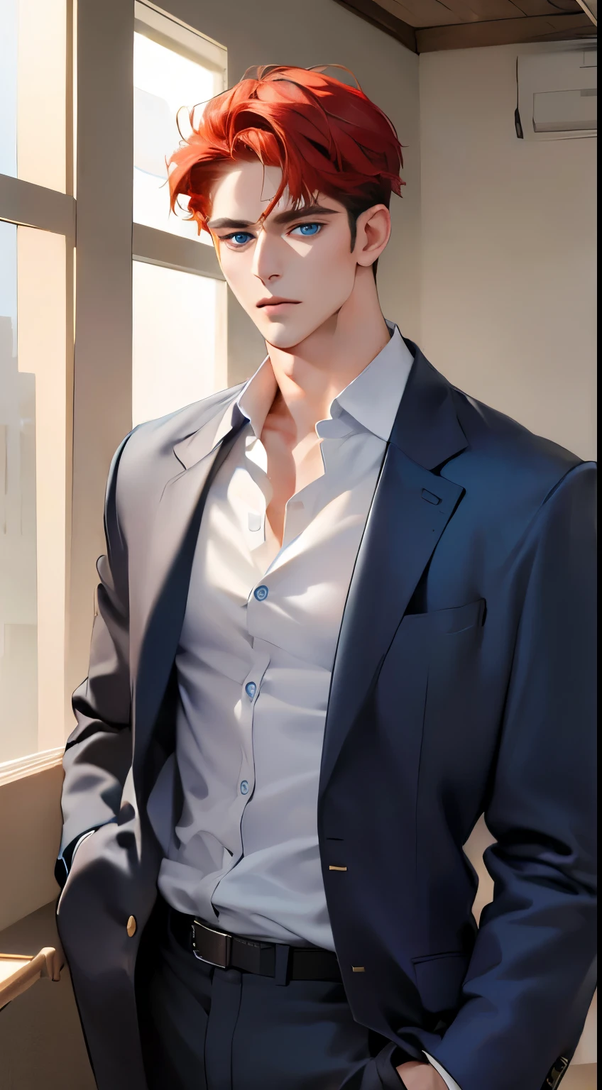 (best quality, masterpiece, 8K, photorealistic, cinematic lighting, 1:4 hdr image, ultra detailed, beautiful image), a mature man, 34 years very handsome, ((cold expression)), short red hair, blue eyes, face perfect without mistakes, ((buttoning his jacket, CEO))