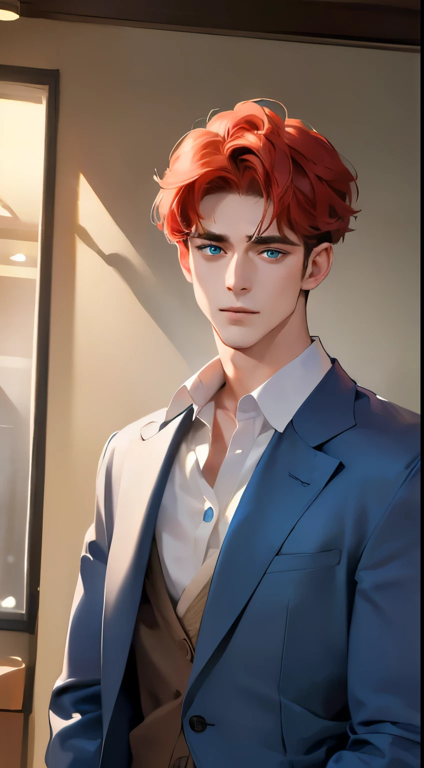 (best quality, masterpiece, 8K, photorealistic, cinematic lighting, 1:4 hdr image, ultra detailed, beautiful image), a mature man, 34 years very handsome, ((cold expression)), short red hair, blue eyes, face perfect without mistakes, ((buttoning his jacket, CEO))