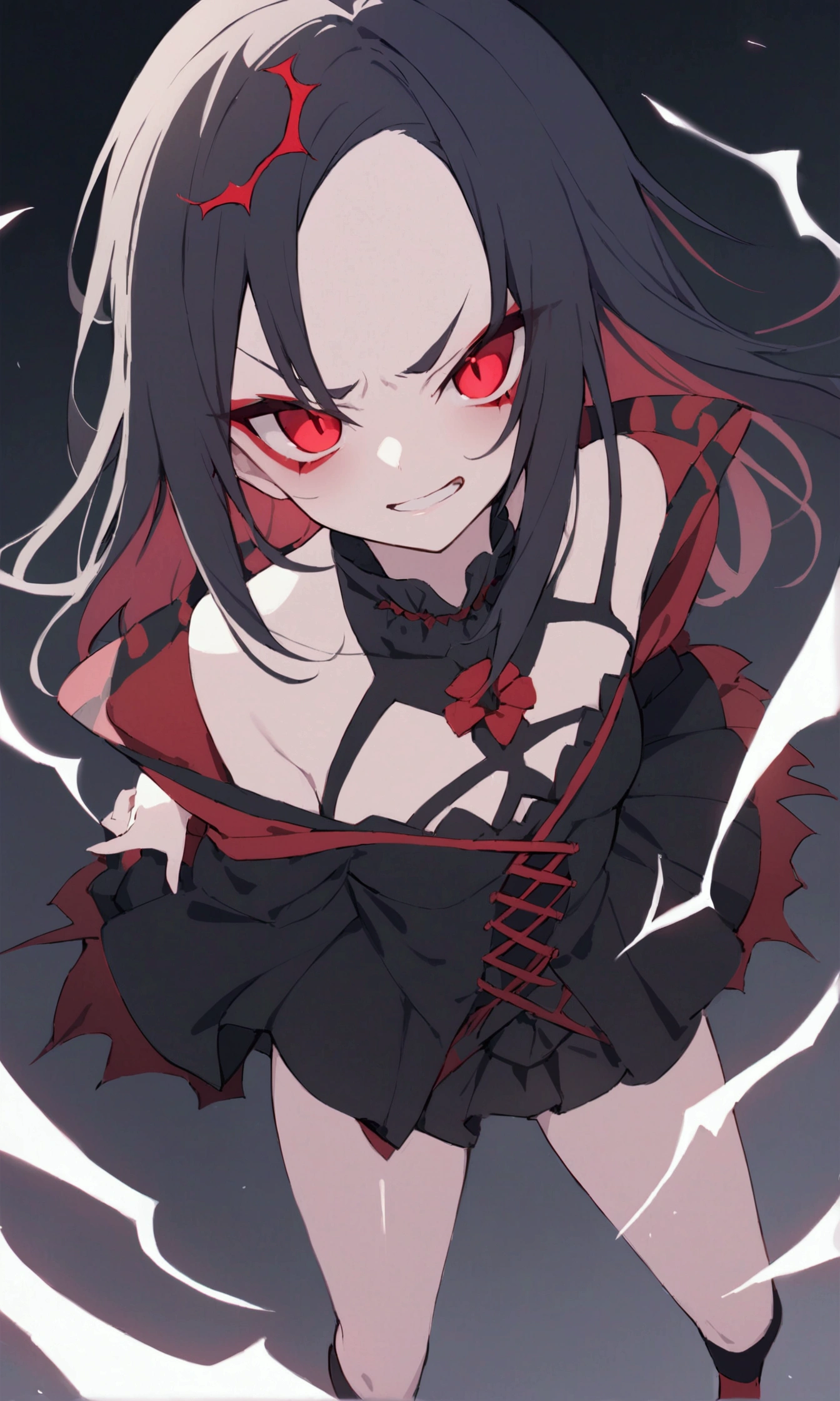 A succubus nekogirl, neko ears, demon tail, smiling with one kawaii Protruding canine as in anime, Horny face Foaming at the mouth. Black hair, red eyes, beautifull , cute and sexy. Little black and red demon Wings.She wants me. Anime scenery.black  with loose necktie and skirt. bare shoulders.lollipop girl. She is 24 years old.