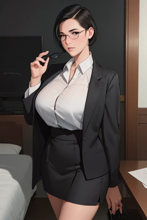 NSFW, masterpiece, best quality, ultra-detailed, semi-realistic, detailedfacialfeatures, 1girl,wearing stylish executive clothes,voluptuous,Sensual,short black hair,gray outfit,haughty,eyeglass