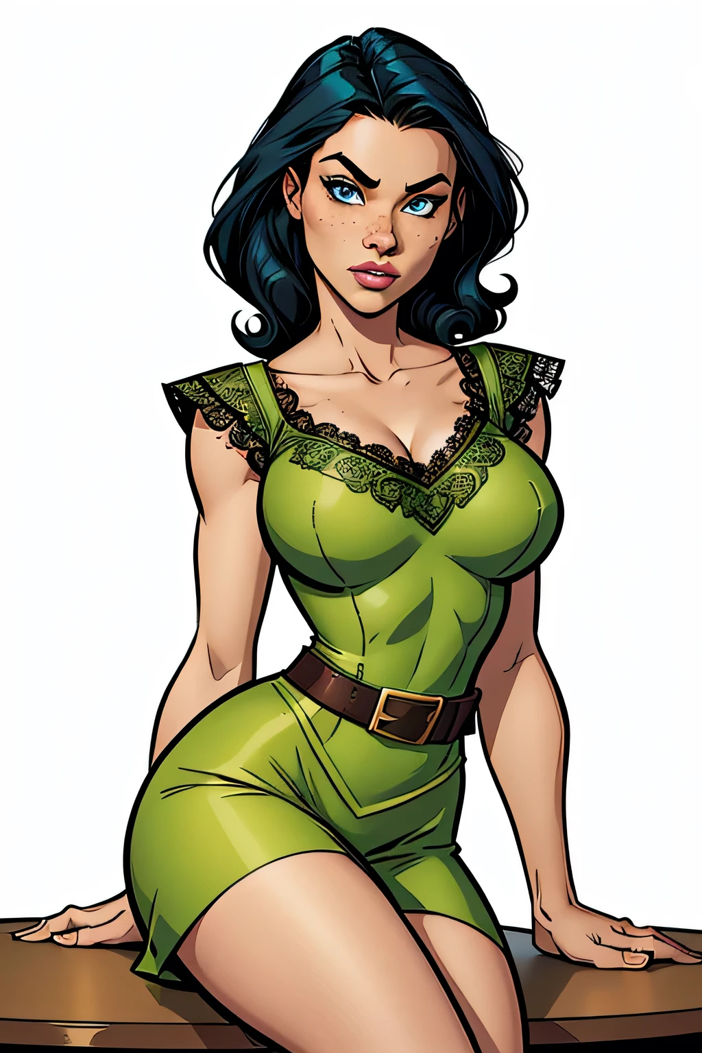 Thin woman (Jezebel Jade), age 25, 4K (High definition), mysterious smile, seducing gaze, eyes browns, wearing a beige boat neck t-shirt (with ruffles) and long green skirt with brown belt and side zipper, arms positioned at the side of the body, brunette skin, black hair long (with bangs), upper body, full of curves with freckles on her chest and neck, round breasts. High-quality Marvel style, white background.