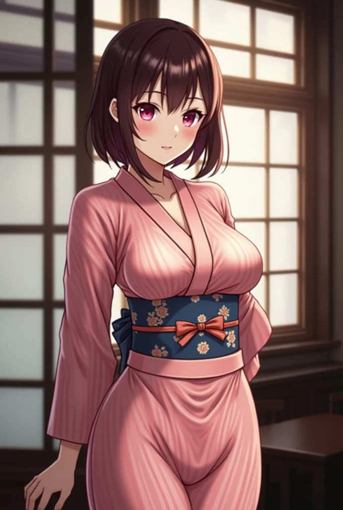 (8k, best quality, masterpiece:1.2), ultra-detailed, (high brightness:1.3), (high contrast:1.1), (high saturation:1.1), (anime screencap:1.20), 1girl, solo, ((harukazekc)), ((twin drills)), ((red bow)), (((japanese clothes:1.10))), (((pink kimono:1.10))), (((wide sleeves:1.5))), (((red hakama skirt:1.10))), (((large breasts:1.20))), (puffy nipples:1.10), (large areola:1.10), (((((covered nipples:1.30))))), (((cowboy shot:1.10))), ((cute smile, happy))
