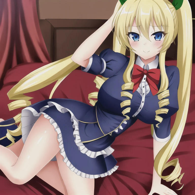nsfw,Sleep in bed、lie down、On your back、open your legs、vaginal _A lot、Alice、美girl、girl、delicate、beautiful, whole body, smile, smile alicesmt, dress, long hair, blonde hair, hair band, dull bangs, puffy sleeves, blue dress, yellow eyes