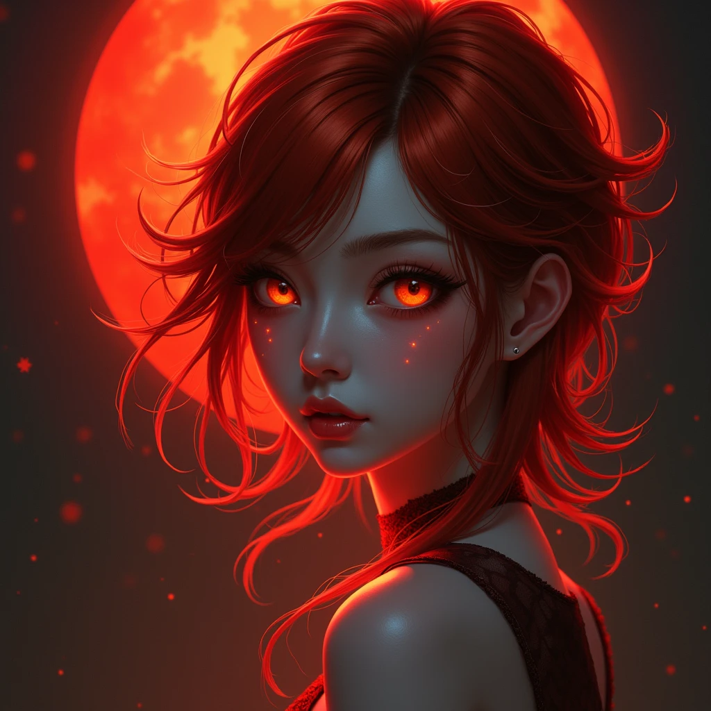Create a beautiful red night with a red moon, red hair, yellow eyes, young beautiful japanese girl, cleavage, busty,