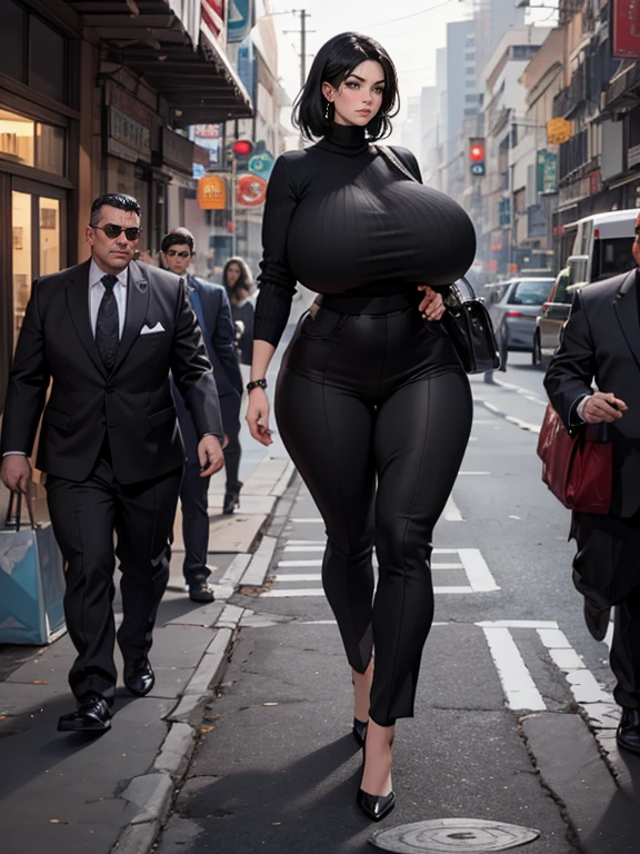 masterpiece, Best quality, Very detailed, 4K1 girl, (female mafia boss, Suit pants, Black turtleneck sweater, short black and white hair), Huge breasts, Extreme hourglass figure, Tall